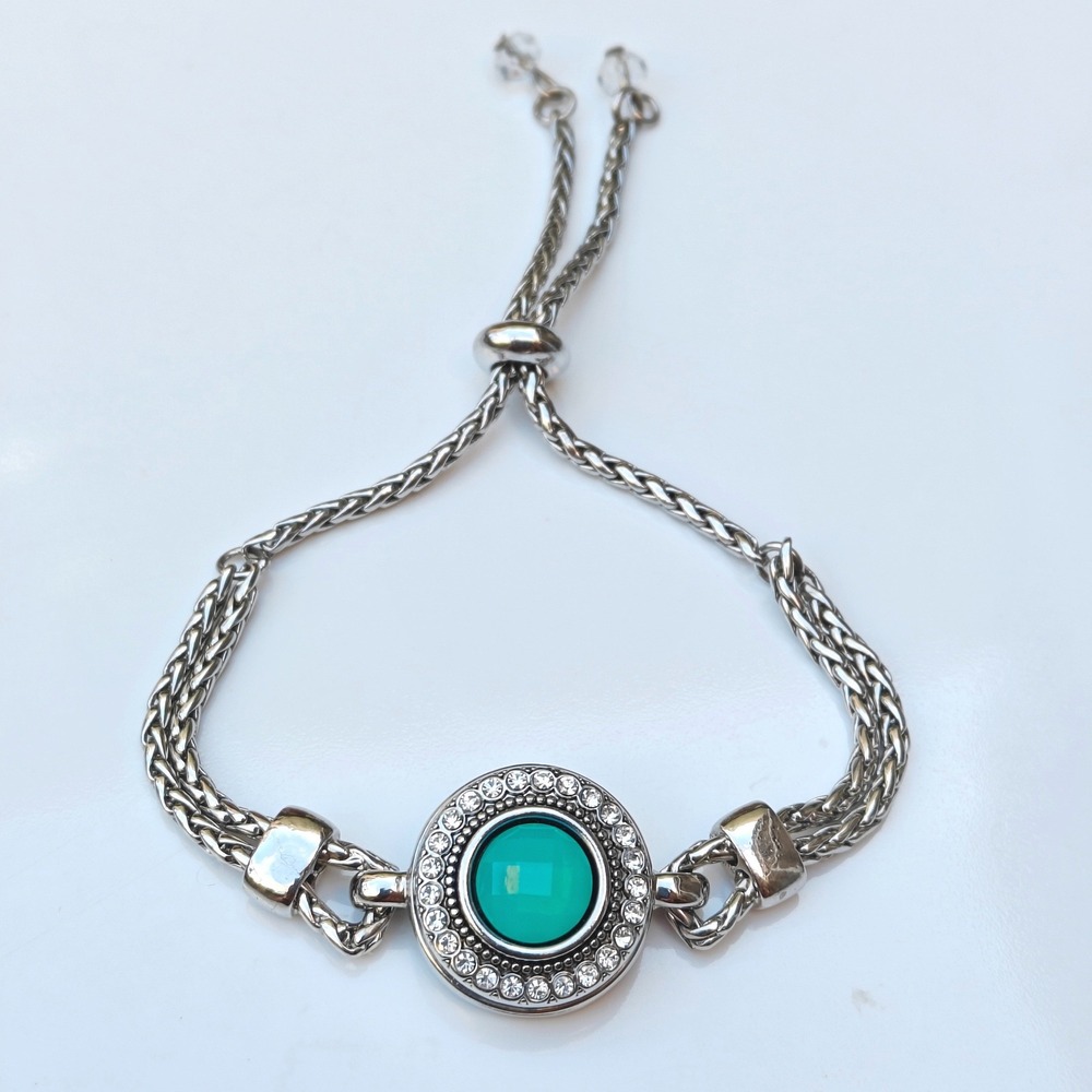 Ginger Snaps Chain Bracelet Silver Green Stone Adjustable Bolo Charm Rhinestone